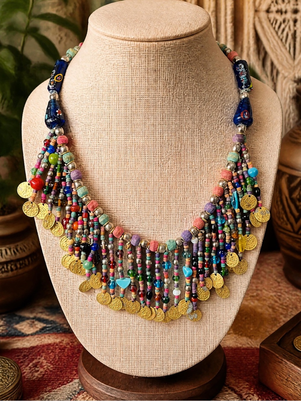 Vintage millifiori Coral African Trade Bead Statement Necklace 1844